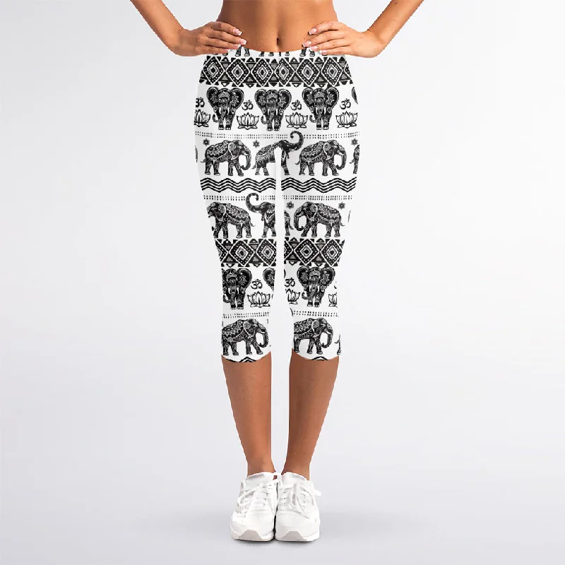 White And Black Indian Elephant Print Women's Capri Leggings