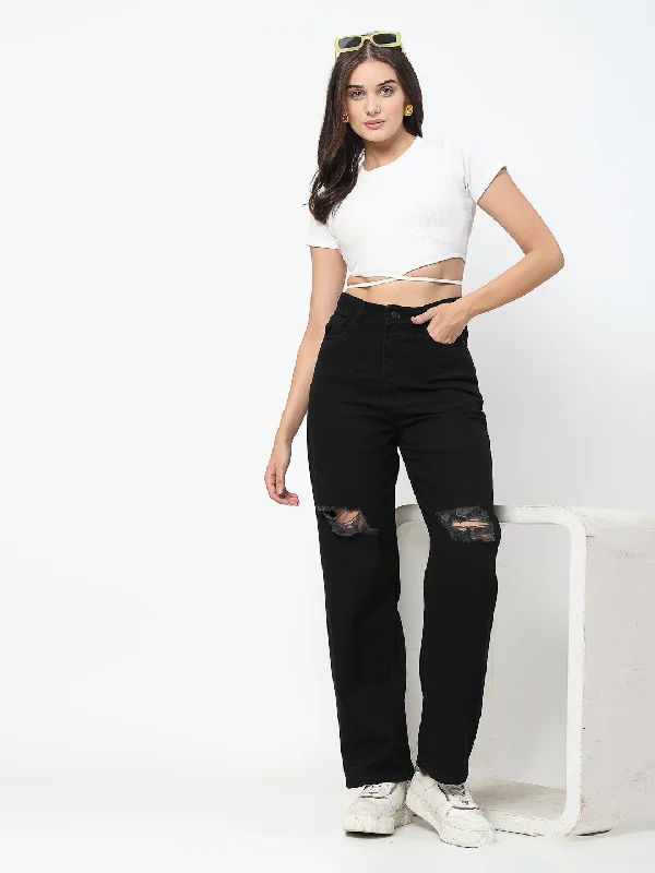 Comfortable Stylish Black Distressed Cotton Denim Jeans