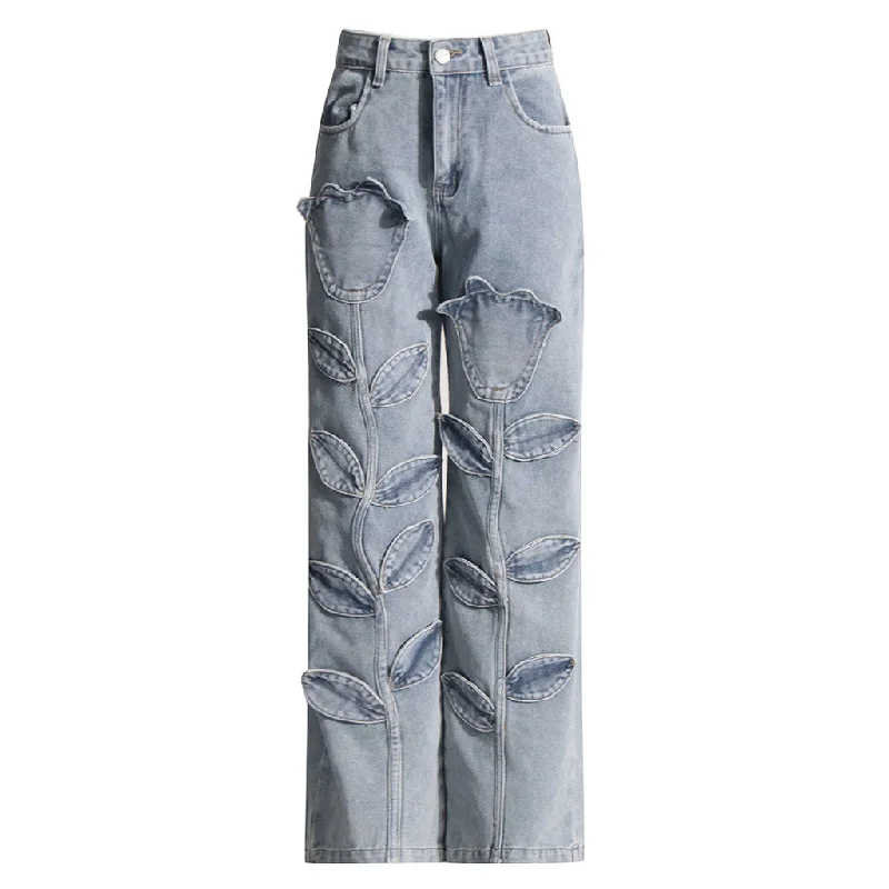 Blooming Floral Applique High Waist Light Wash Wide Leg Denim Jeans Trendy Bootcut High-Waisted Jeans Blooming Floral Applique High Waist Light Wash Wide Leg Denim Jeans Trendy Bootcut High-Waisted Jeans