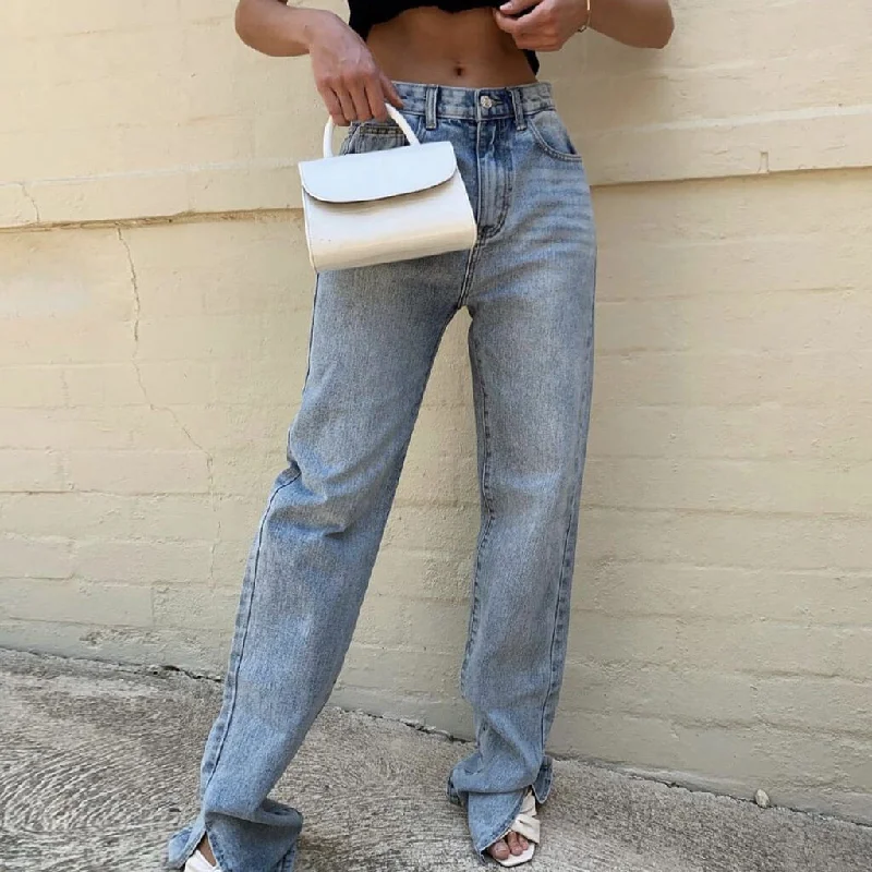 Chic High Waist Side Slit Patch Pocket Straight Leg Jeans - Blue Stylish High-Waist Skinny Denim Chic High Waist Side Slit Patch Pocket Straight Leg Jeans - Blue Stylish High-Waist Skinny Denim