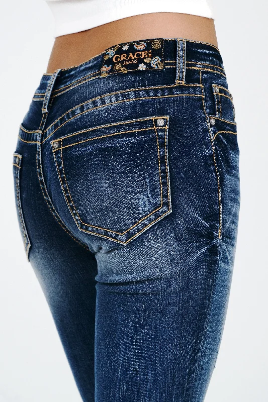 Basic 5 Pocket Med Blue Mid Rise  Bootcut Jeans Fashionable Button-Front Jeans