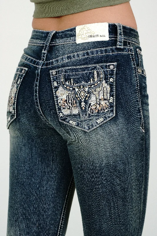 Steer Head /Mountain View Embroidery Mid Rise Bootcut Jeans Comfortable Distressed Straight-Leg Jeans Steer Head /Mountain View Embroidery Mid Rise Bootcut Jeans Comfortable Distressed Straight-Leg Jeans