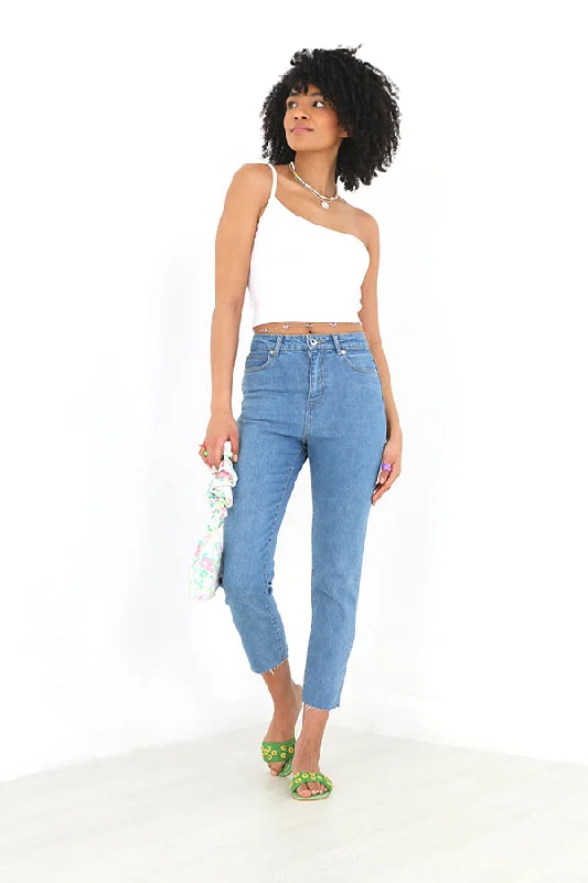 PALE BLUE DENIM RAW HEM MOM JEANS