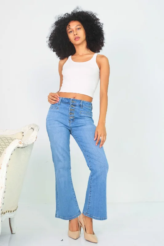 Petite High Rise Button Down Flare Jeans (Medium Wash)