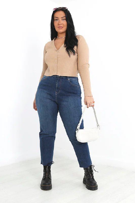 PLUS SIZE MID BLUE RAW HEM CROPPED MOM JEANS