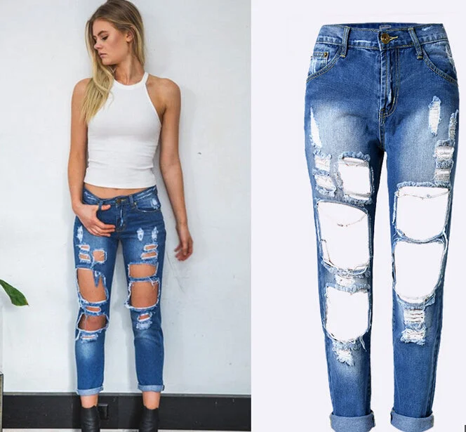 Ripped Jeans High Waist Women Ripped Hole Knee Skinny Pants