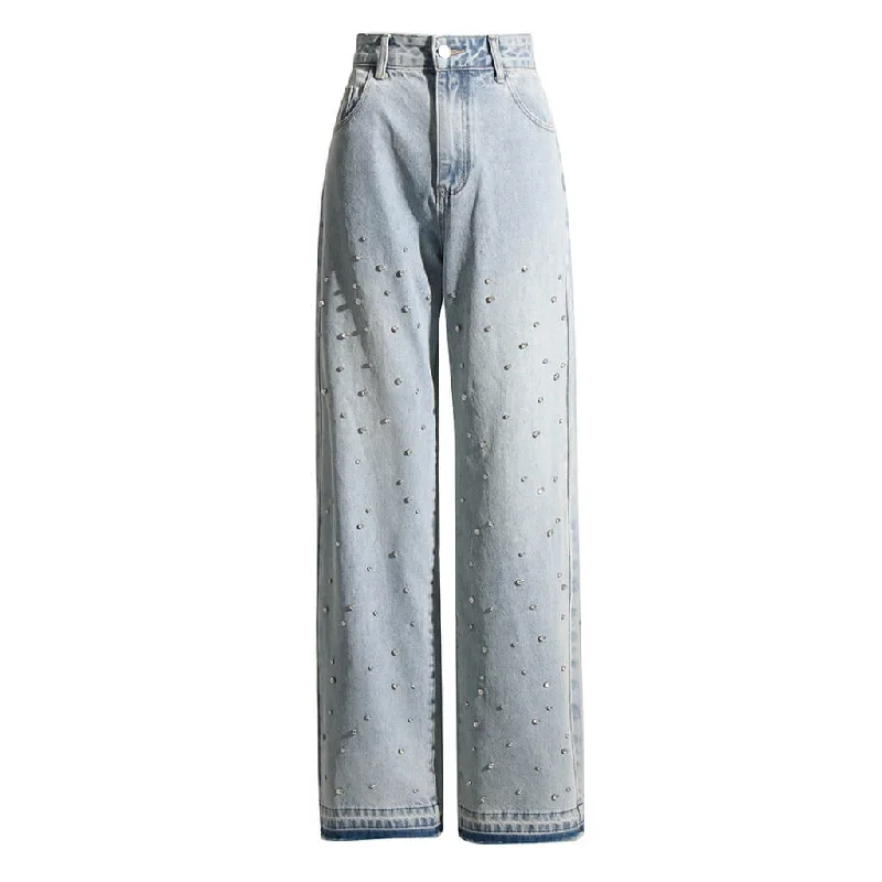 Sparkly Crystal Embellished High Waist Washed Straight Leg Denim Jeans Trendy Plus Size Jeans Sparkly Crystal Embellished High Waist Washed Straight Leg Denim Jeans Trendy Plus Size Jeans