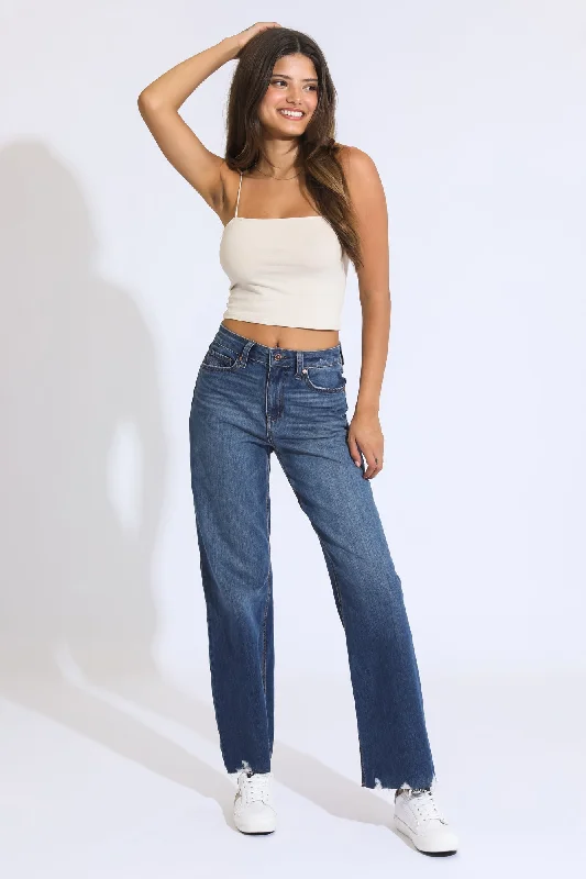 SUPER HIGH RISE WIDE LEG JEANS - VINTAGE DARK BLUE/BLACK Fashionable Raw Hemmed Jeans SUPER HIGH RISE WIDE LEG JEANS - VINTAGE DARK BLUE/BLACK Fashionable Raw Hemmed Jeans