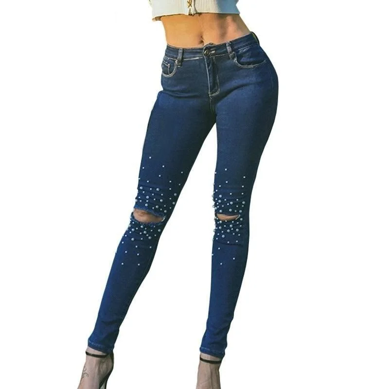 Women's Skinny Elastic Fashion Hole Beading Dark Blue Full Slim Pencil Jeans Casual Light Wash Jeans Women's Skinny Elastic Fashion Hole Beading Dark Blue Full Slim Pencil Jeans Casual Light Wash Jeans