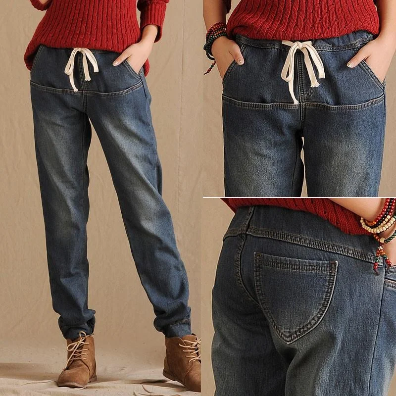 Women's Thick Velvet Elastic Waist Harem Pants Paneled Loose Jeans Fashionable Cropped Denim Jeans