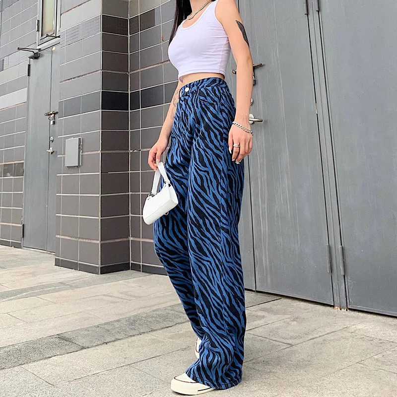 Zebra Print High-Rise Jeans Fashionable Straight Cut Jeans